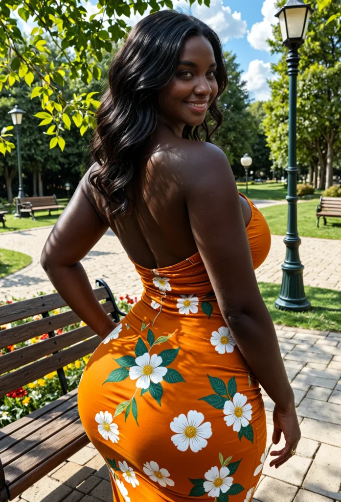 The image shows a woman standing on a bench in a park, wearing an orange floral dress. The background of the image is filled with lush green grass, plants, flowers, light poles, benches, trees, and a sky with fluffy white clouds.