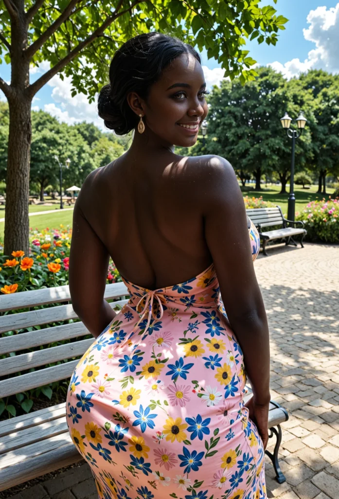 The image shows a woman sitting on a bench in a park, surrounded by lush greenery and colorful flowers. The sky is a bright blue with white fluffy clouds, and the sun is shining down on her. She is wearing a pink floral dress, and her hair is pulled back in a neat bun.