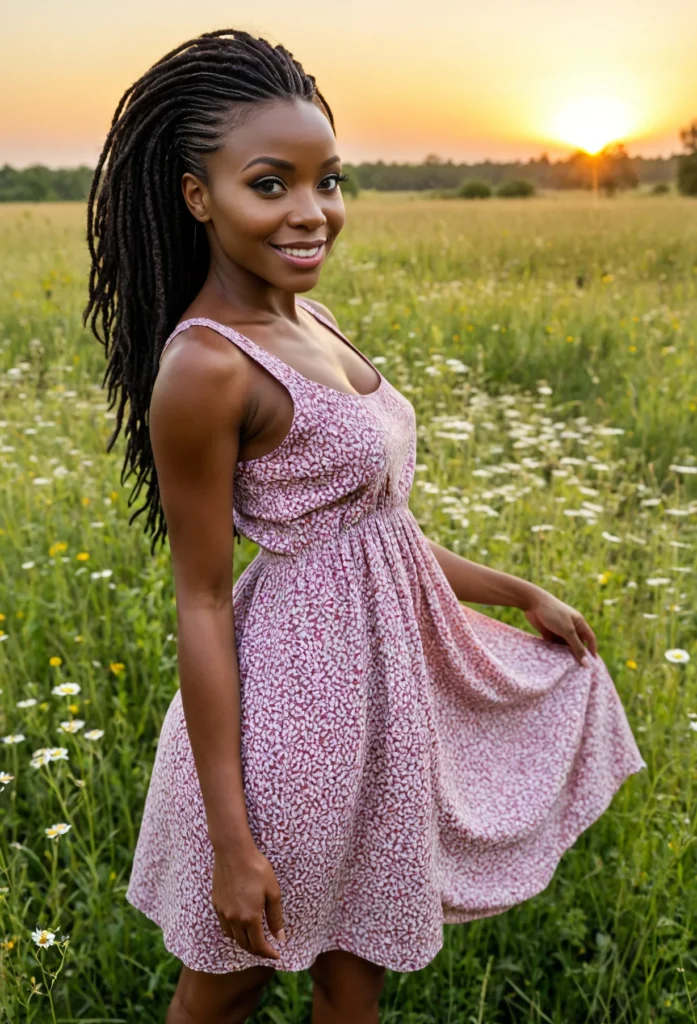 The image shows a woman standing in a field of daisies at sunset, wearing a pink dress and smiling. The sky is a beautiful mix of oranges, pinks, and purples, and the trees in the background are silhouetted against the sky.