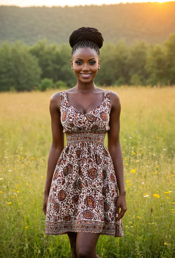 The image shows a woman standing in a field of yellow flowers, wearing a brown and white dress. She is surrounded by lush green plants and trees, with a bright blue sky in the background.