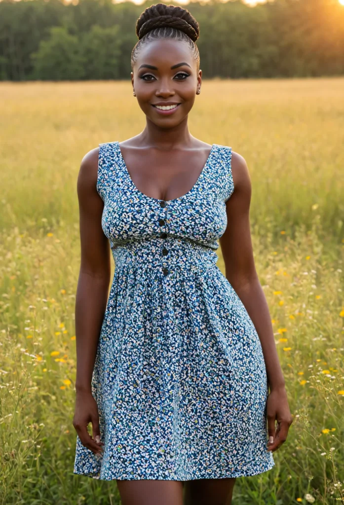 The image shows a woman standing in a field of tall grass, smiling brightly. She is wearing a blue and white dress, and in the background there are trees and a clear blue sky.